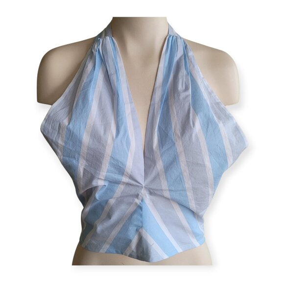 Staud Kai Striped Cotton Halter Top L Cropped Smocked V-Neck Sleeveless NWOT - Picture 6 of 14
